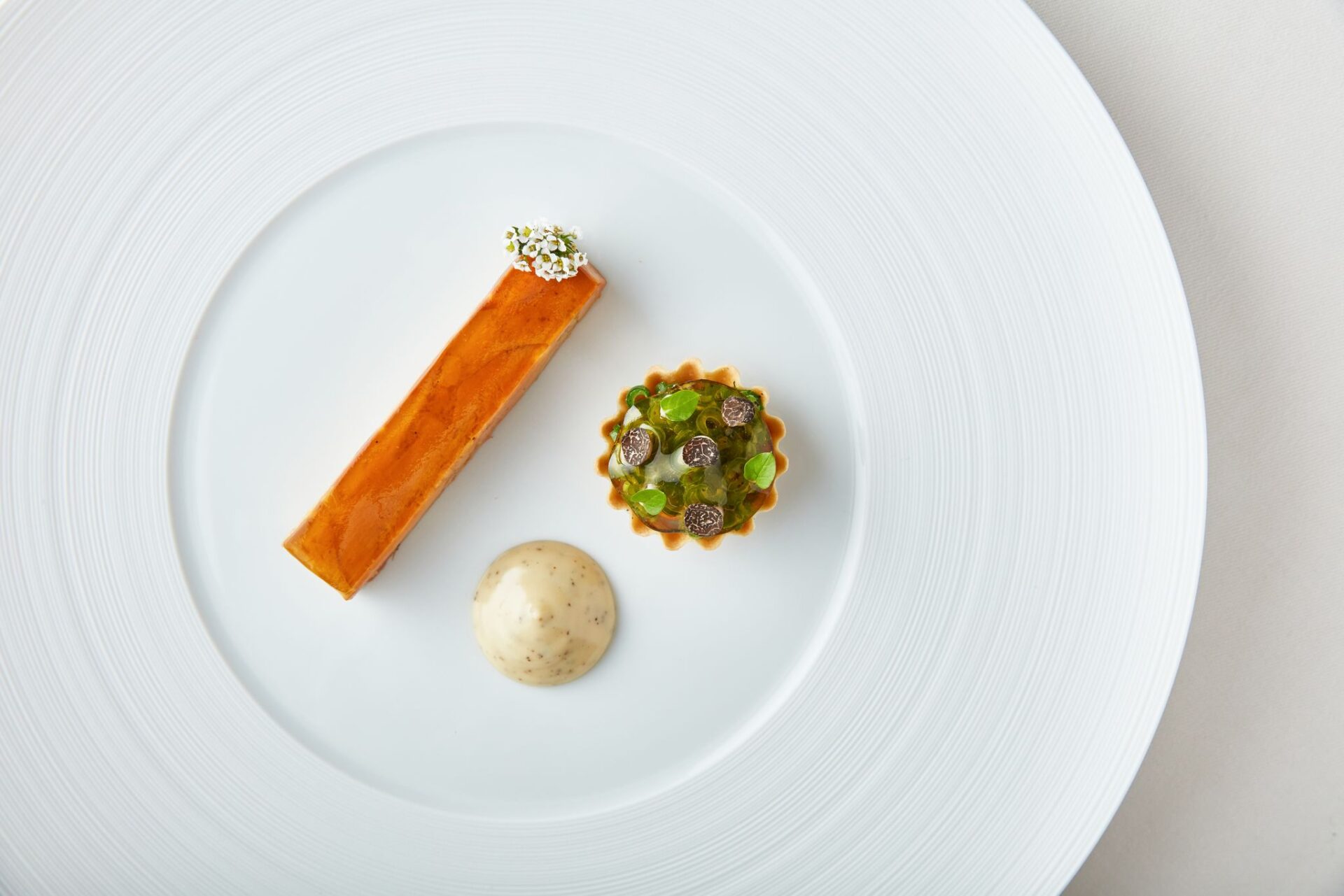 A minimalist gourmet dish featuring a rectangular pastry, a small tart topped with green herbs and flowers, and a dollop of creamy sauce, all artfully arranged on a large white plate.