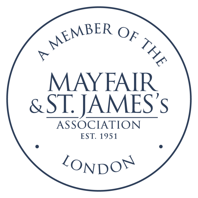 Circular logo with the text: A Member of the Mayfair & St. Jamess Association Est. 1951 London in capital letters, enclosed within a double-line border, reflecting strong local partnerships.
