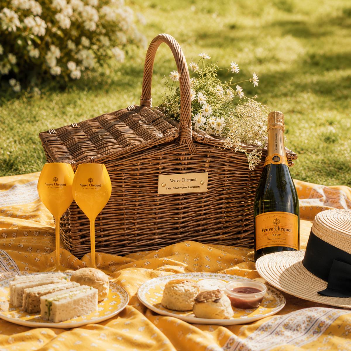 A wicker picnic basket with flowers evokes the charm of the Chelsea Flower Show, featuring two yellow Veuve Clicquot champagne glasses, a Veuve Clicquot champagne bottle, sandwiches, scones, and a straw hat on a yellow-patterned cloth on grass.