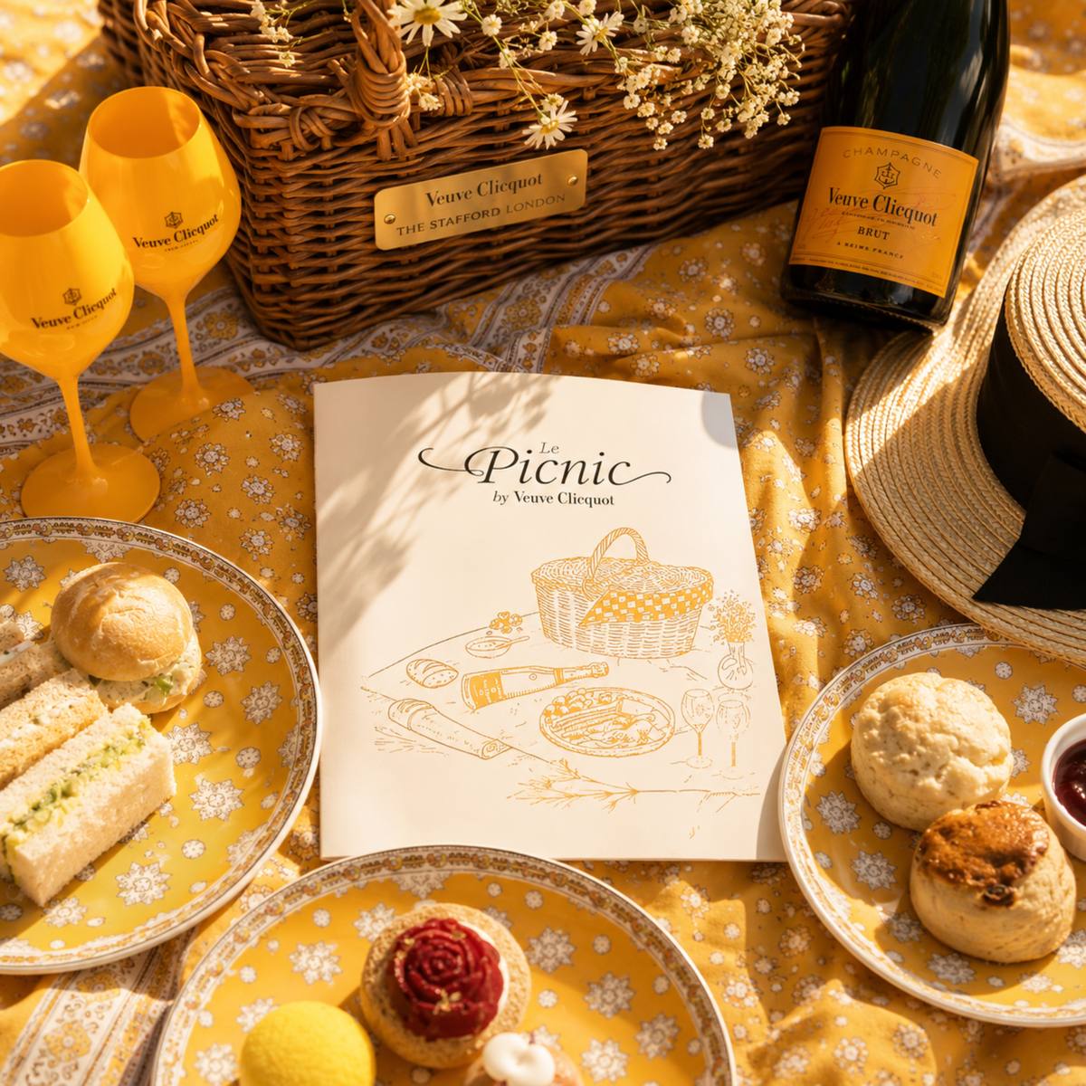 A picnic setup inspired by the Chelsea Flower Show, with yellow plates of sandwiches, pastries, scones, Veuve Clicquot champagne glasses, a bottle of champagne, and a picnic basket on a floral yellow cloth glowing in warm sunlight.