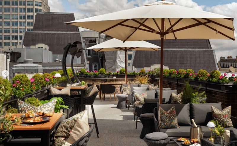 A rooftop terrace with tables, cushioned chairs, and large umbrellas. Potted plants line the edges, and food is served on the tables. City buildings and a partly cloudy sky are visible in the background.