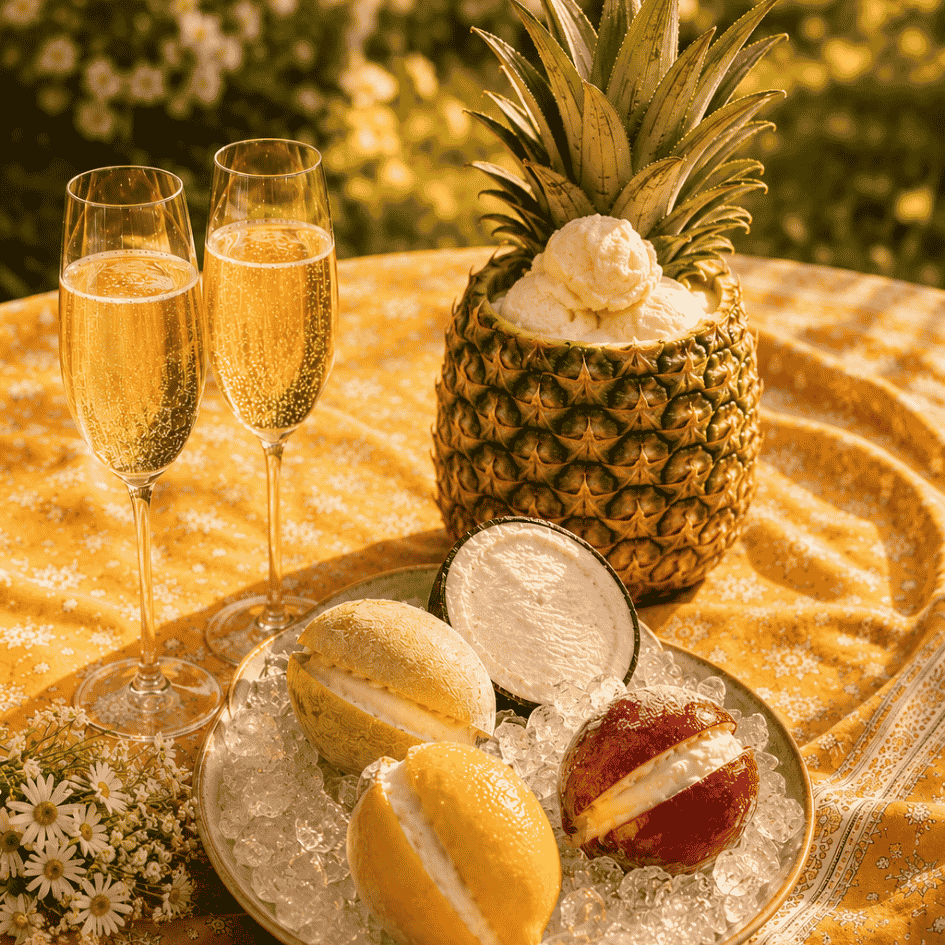 A table at The American Bar with two glasses of sparkling wine, a pineapple filled with ice cream, and halved fruits—melon, lemon, coconut, and a red fruit—filled with sorbet on ice, set outdoors on a sunny day.