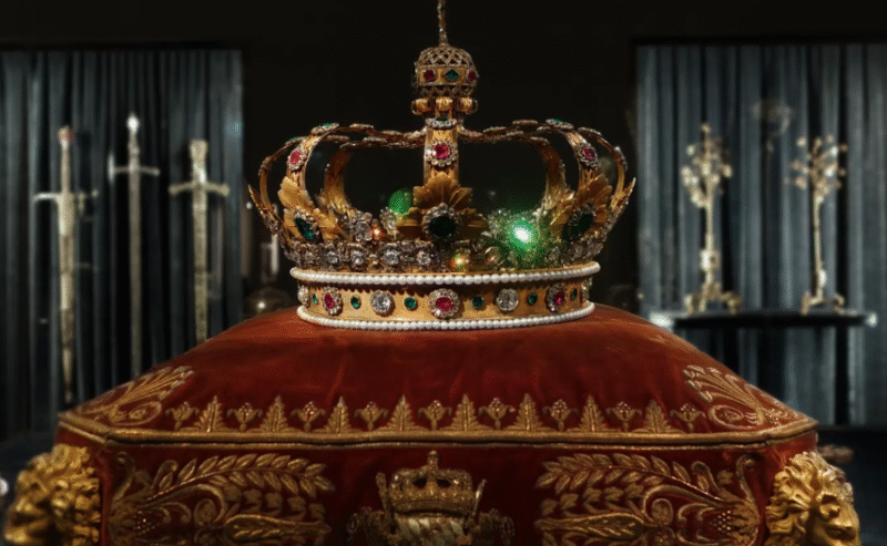 A jeweled gold crown adorned with colorful gems sits on a red velvet cushion, with ornate golden embroidery. Swords and royal regalia are displayed in the dimly lit background.