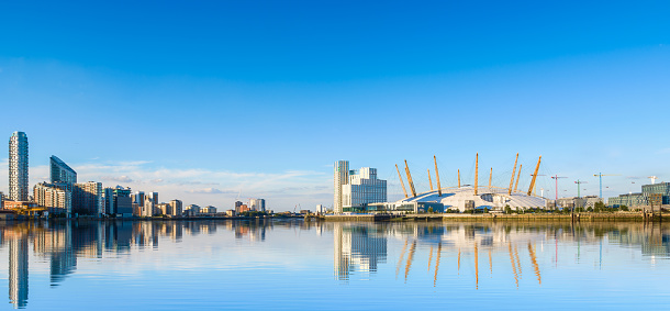 Panoramic view of London’s skyline with the O2 Arena and modern buildings reflected in calm water under a clear blue sky.