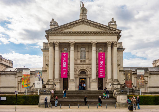 The front of Tate Britain museum in London, with grand columns and banners reading TATE BRITAIN and FREE FOR ALL. People walk up the steps and stand outside under a cloudy sky.