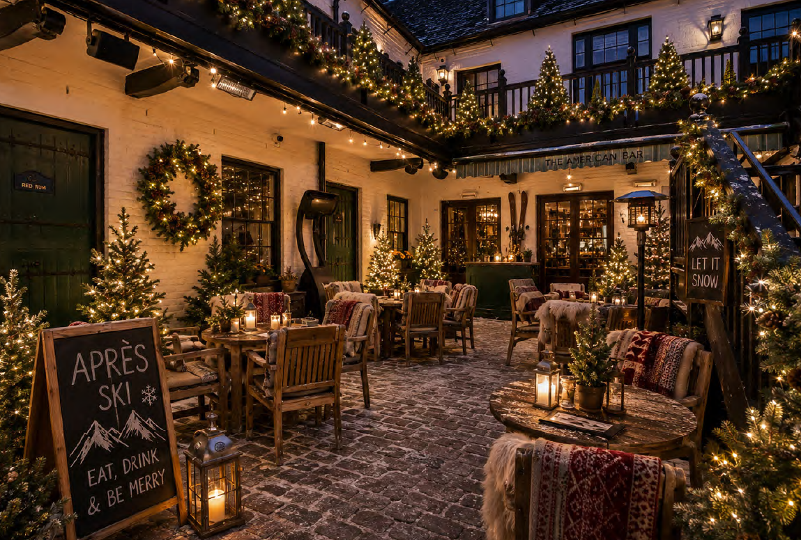 A cosy outdoor courtyard decorated with fairy lights, Christmas trees, and candles. Wooden tables with blankets create a warm, festive atmosphere—perfect for the festive season. A chalkboard reads Après Ski. Eat. Drink. Be Merry.