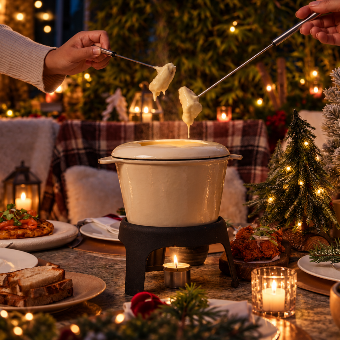 Two hands hold fondue forks dipping pieces of bread into a communal pot of melted cheese on a festive dinner table.