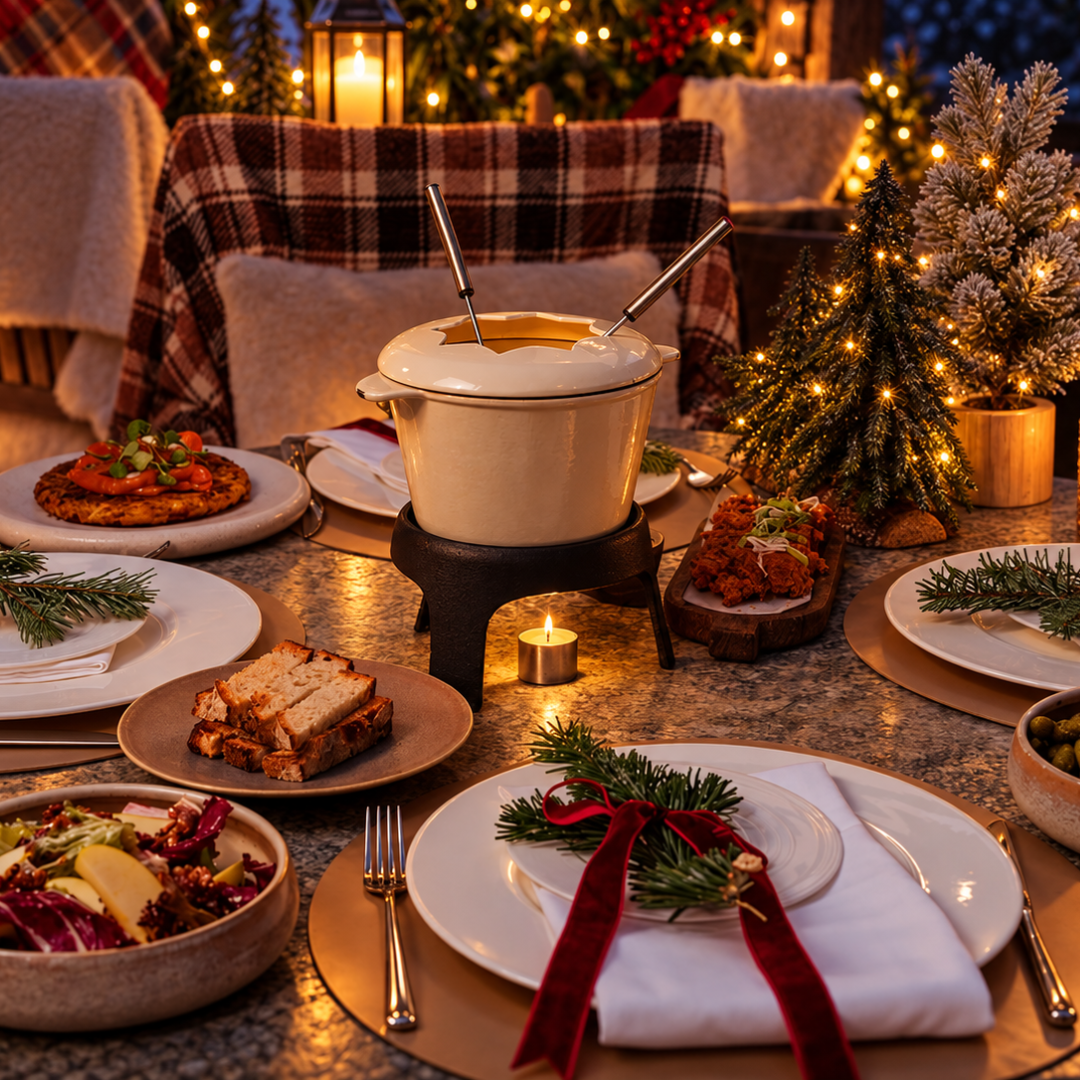 A fondue pot sits on a festive dinner table set with plates, small bowls of food, and holiday decorations.