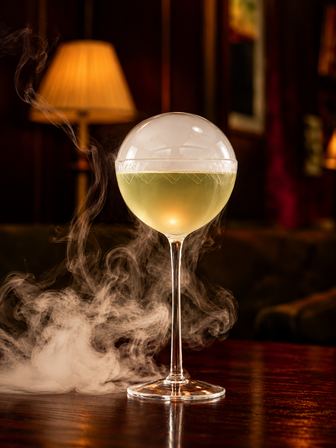 A pale yellow Mother’s Day cocktail in a long-stemmed glass, topped with a smoke-filled bubble and surrounded by wisps of smoke on a dark wooden table.